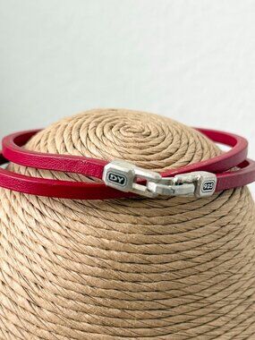 David Yurman Sterling Silver Streamline Double Wrap Red Leather Bracelet